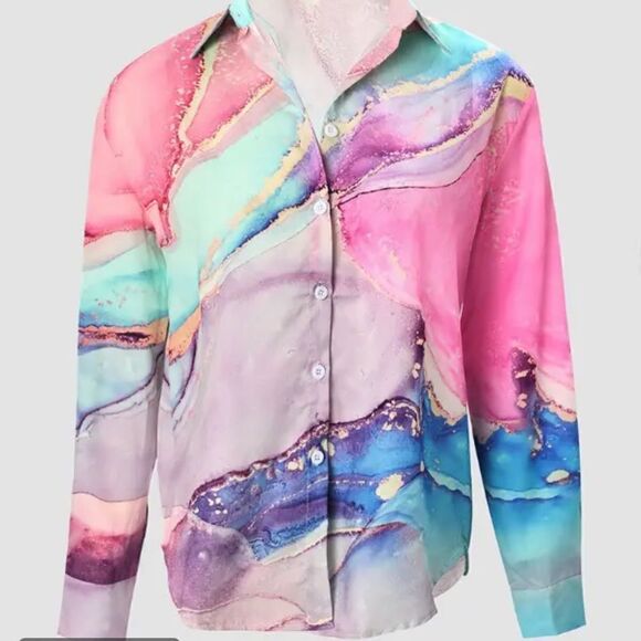 💼 Casual Marble Watercolor Print Long Sleeve Button Down Shirt. - Picture 8 of 9